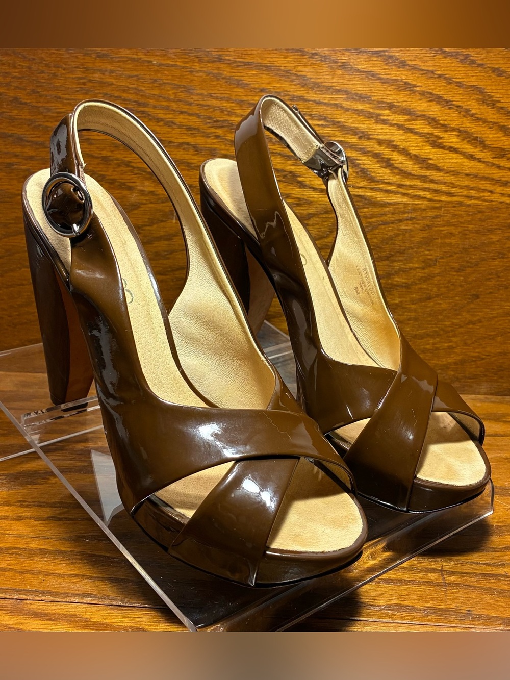 Boutique 58 Retro Slingback Platform Block Heels Brown Patent Size 8